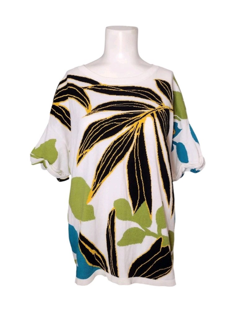 Chicos Tropical Short Sleeve Sweater Top Xl 3 Lyocell Artsy Vacation Cruise